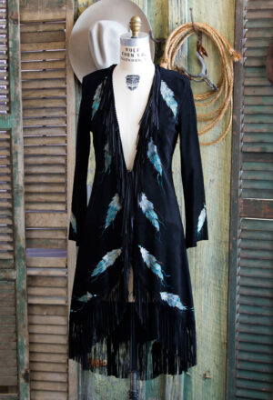 leather jack with fringe and feather detail